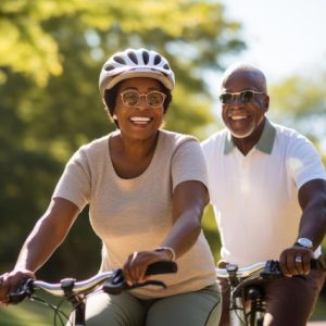Old couple cycling together
